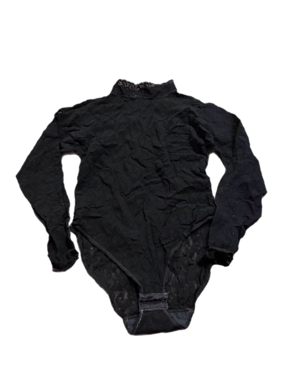 60s/70s European Vintage Floral Lace Long Sleeve Bodysuit High Neck (Black) S/M